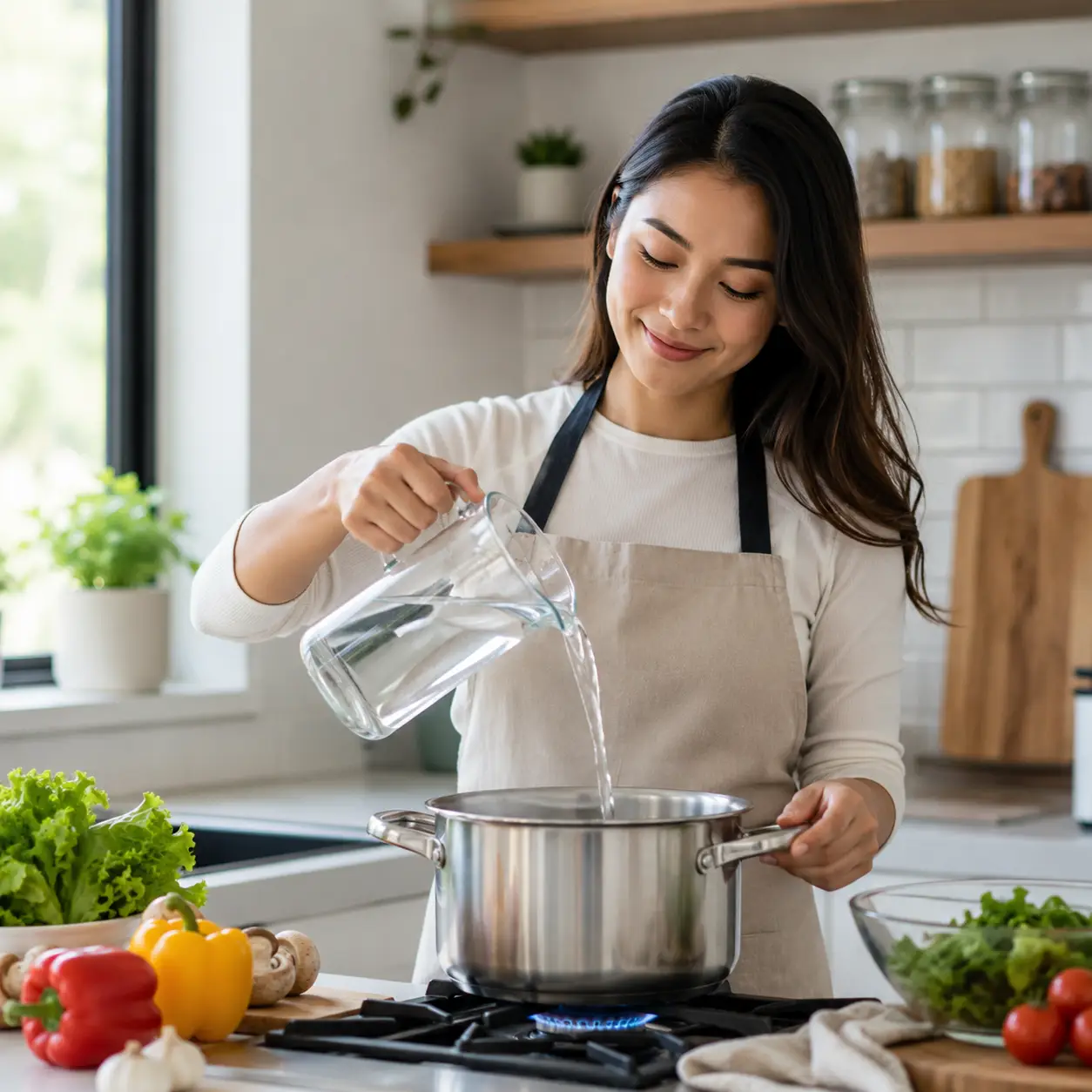 Female preparing food using water